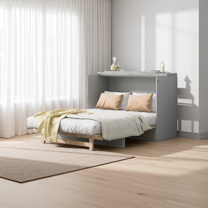 Murphy Bed With Large Drawers, Grey, Full