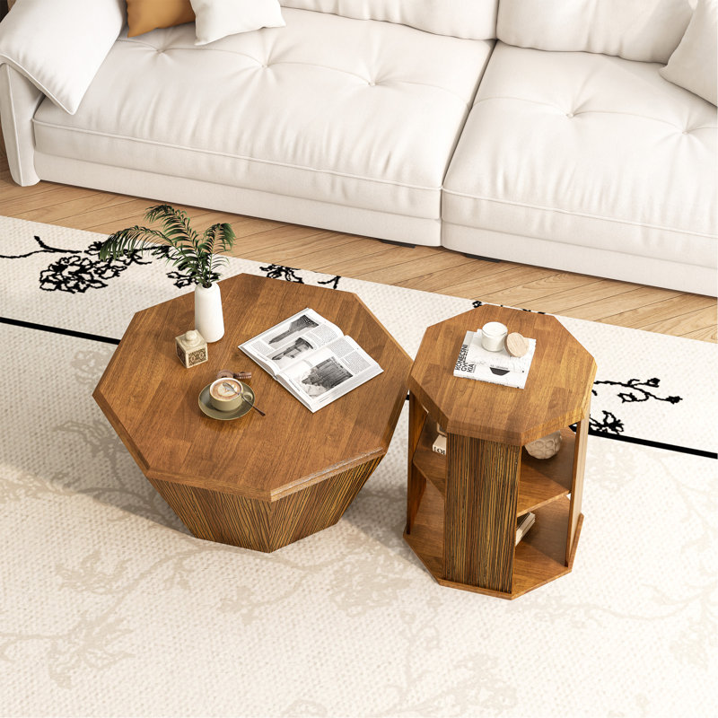 Ensemble de deux tables basses 31,5 "octogonales en bois d'hévéa naturel, Naturel