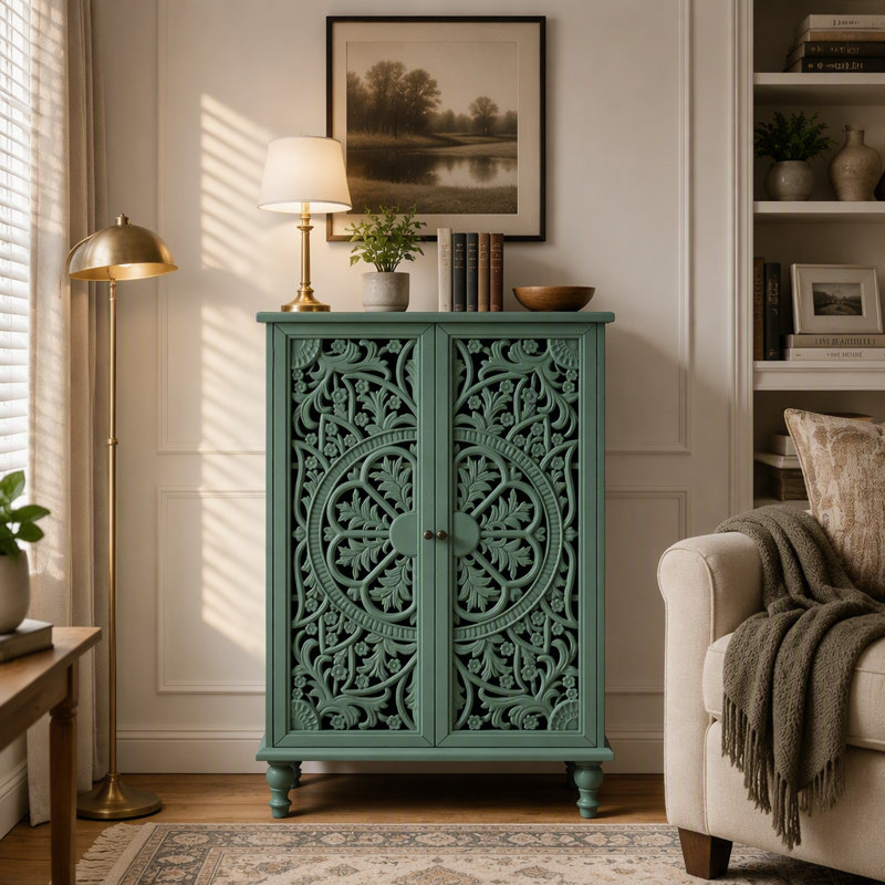 Meuble de rangement d'appoint de style campagnard avec 2 portes sculptées ajourées et étagère réglable, Antique Green