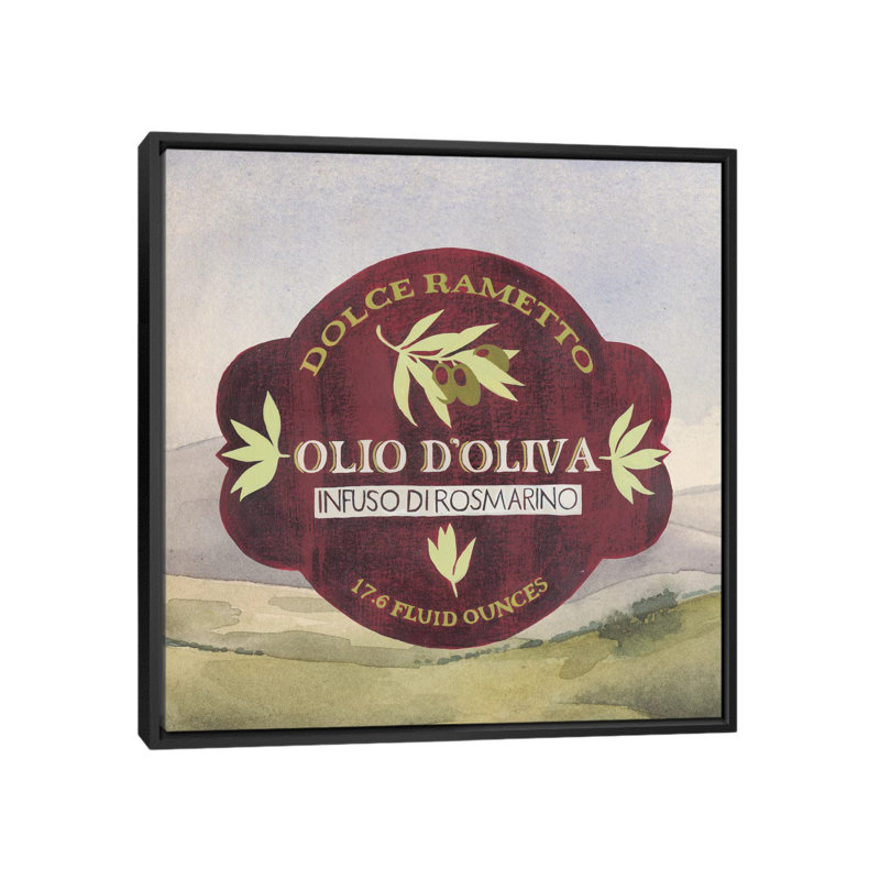 « olive oil labels ii », publicité rétro sur toile, H 37 po x l 37 po x P 1,5 po, Toile avec cadre noir, Pas de tapis