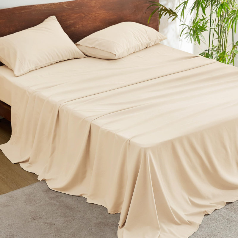 Couvre-lit en polyester et rayonne provenant de draps en bambou, Ensemble de draps pour très grand lit avec 2 taie, Beige