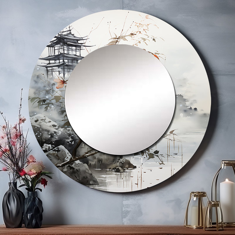 Seela, art asiatique, oiseau de Serenity de Seela, grand miroir, décor de miroir mural rond gris, 29 po x 29 po
