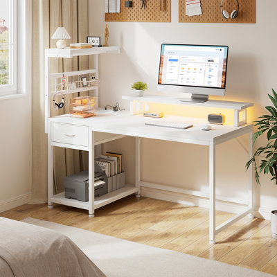 Computer Gaming Desk With Led Light & Drawers & Reversible Shelves