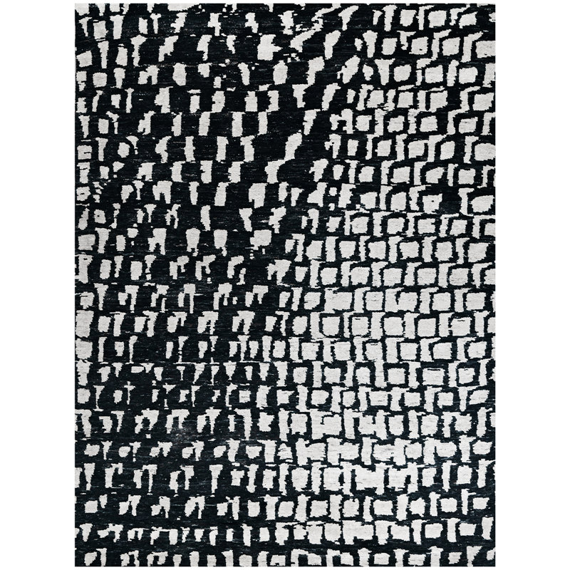 Tapis gris / blanc noué à la main, Rectangle 9 pi x 12 pi