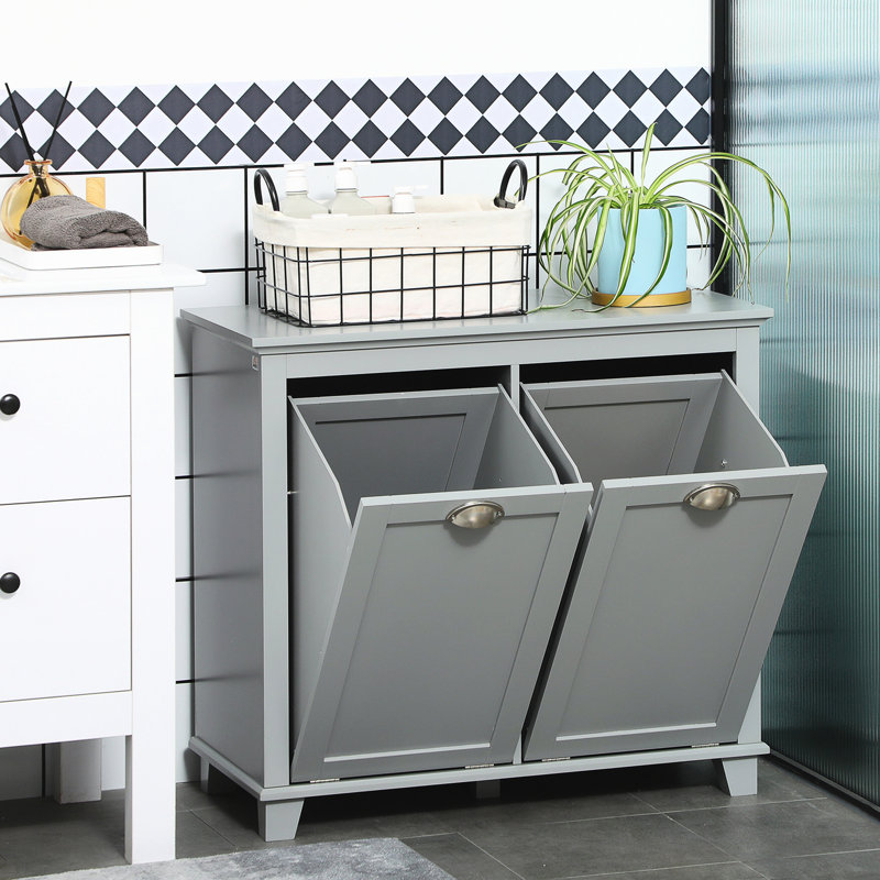 Tilt-Out Laundry Sorter Cabinet, Gray Bathroom Storage With Two Hamper Compartments - Ample Towel Space, Construction, Water- Surface, Toppling, Wall Mountable, 30" W X 16.12" D 27.5" H Coating,