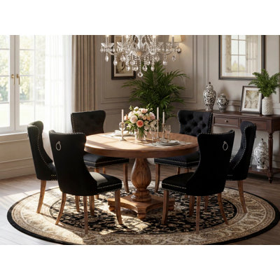 7-Piece Dining Set with Polyester Fabric 6 Black upholstered chairs, Button-Tufted Backs, and a 54"Round Dining Table in Antique Walnut Finish.