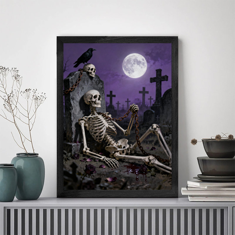 Reproduction d'art encadrée noire rétro crâne gothique foncé, H 25 po x l 17 po