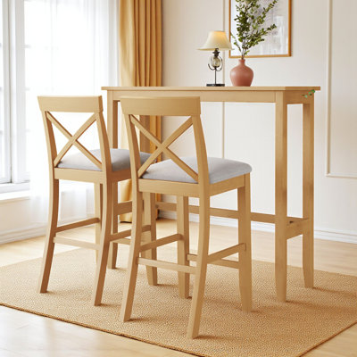 Ensemble de salle à manger à hauteur de bar pour 2 personnes Plamenka, coin-repas peu encombrant, structure en bois avec sièges rembourrés, conception de chaise à dossier croisé, ferme moderne, cuisine et petits espaces repas