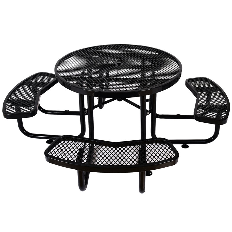 Table de pique-nique ronde en acier noir de 117 cm avec support pour parasol - Idéale pour le camping, les pique-niques, les barbecues et les fêtes en plein air. Robuste et élégante.