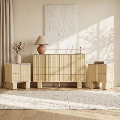 3-Piece Bedroom Set, 47.2" Fluted 8 Drawer Dresser and Nightstand Set of 2