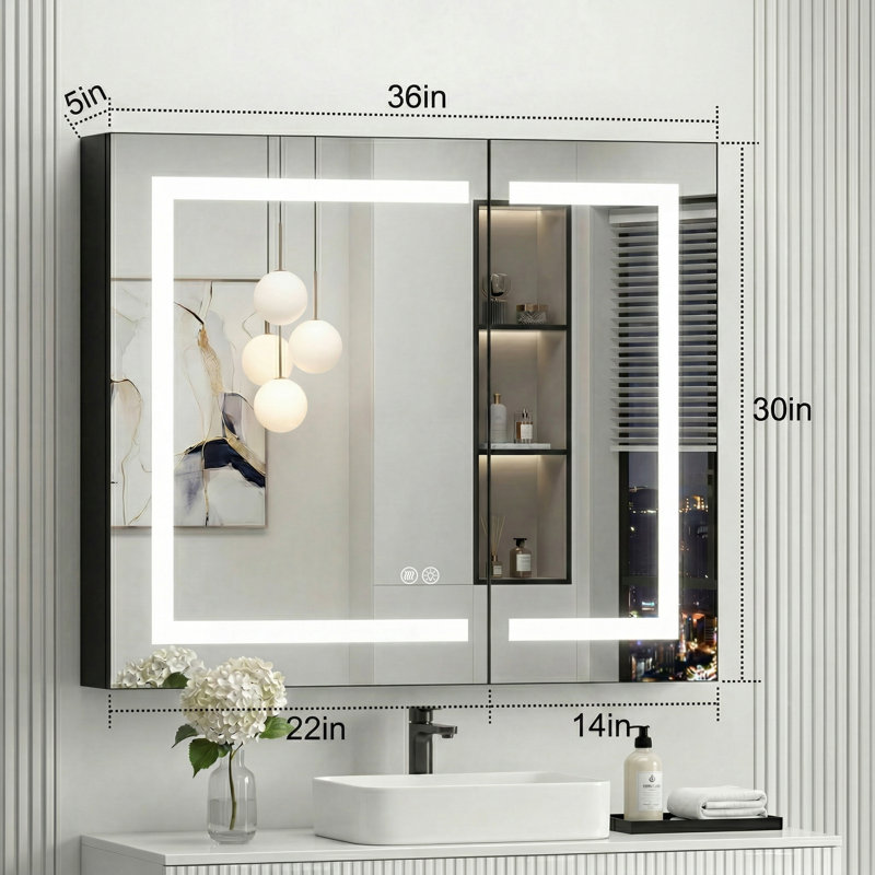 Armoire à pharmacie encastrée et à fixation murale à DEL avec miroir anti-buée, prises encastrées et tablettes de rangement à 3 couches