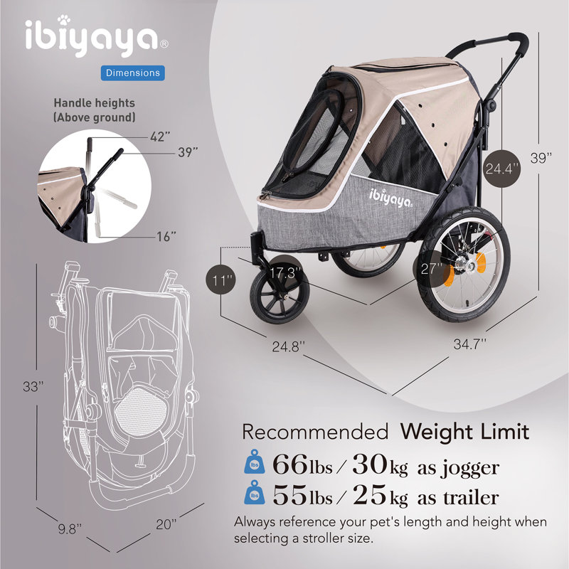 Latte Foldable 3-Wheel Medium Pet Stroller and Trailer Combo