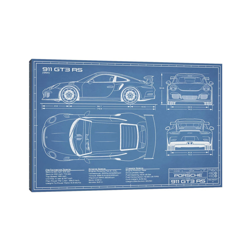 Porsche 911 GT3 RS (991) Blueprint by Action Blueprints - Wrapped Canvas Print, 101.6 cm H x 66.04 cm W x 3.175 cm D
