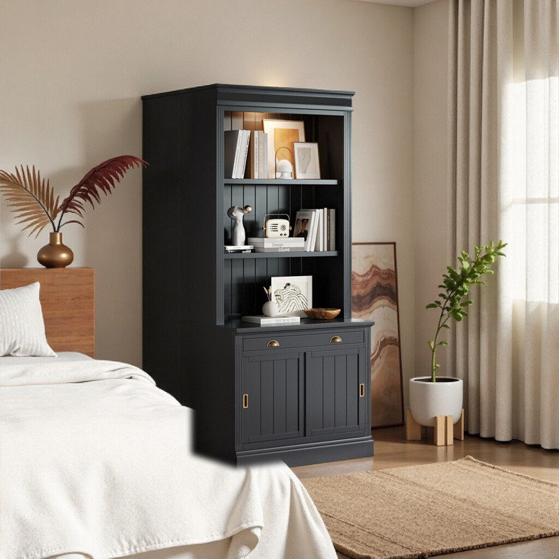 Bibliothèque avec portes coulissantes et tiroir, armoire de rangement silencieuse, Noir