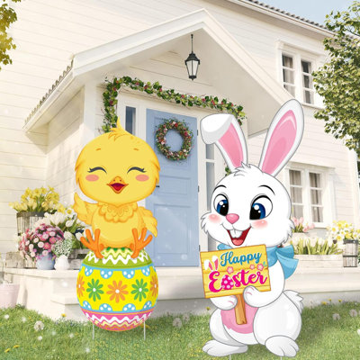 2 Pack Easter Yard Signs Cute Bunnies Chick Outdoor Lawn Decorations Easter Eggs Yard Signs With H Stands For Easter Party Spring Patio Lawn Supplies