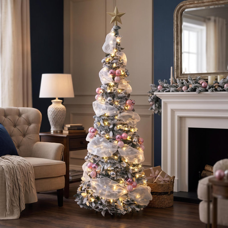 Sapin de Noël artificiel pliable de 1,80 m, pré-illuminé, avec 200 lumières et ruban, branches enneigées, montage et rangement faciles.