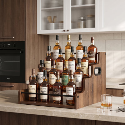 4 Tier Tabletop Liquor Bottle Display Stand, Countertop Wine & Syrup Bottle Holder Rack with Side Handles, 4 Step Wood Liquor Display Shelf Storage Organizer for Home Bar, Kitchen Cabinet, Party, Holds Up to 16 Bottles