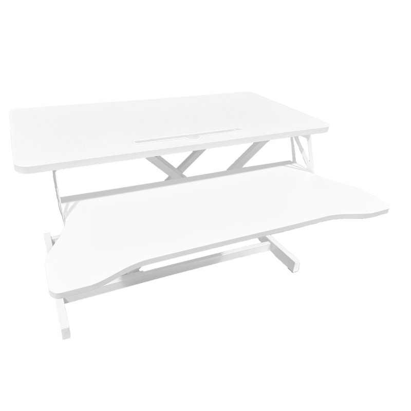 Convertisseur de bureau 32 po - Support à hauteur ajustable, poste de travail pour ordinateur portable à deux écrans, plateau de clavier large, blanc