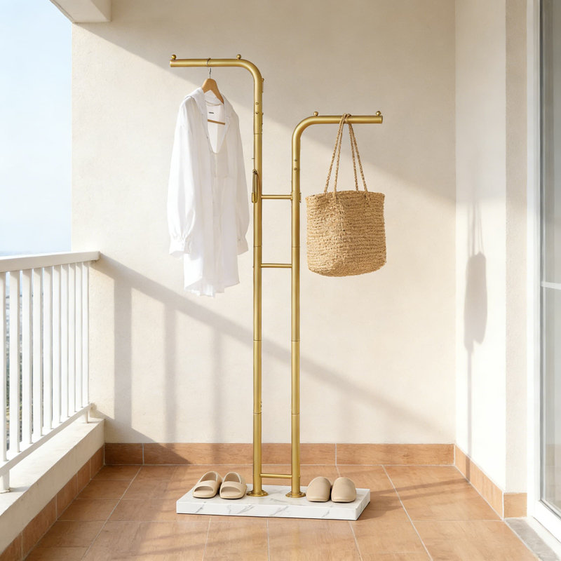 Freestanding Double-Pole Coat Rack With 8 Hooks And Marble-Look Base, Sturdy Metal Clothes Hanger Stand For Entryway, Living Room, And Bedroom Organization