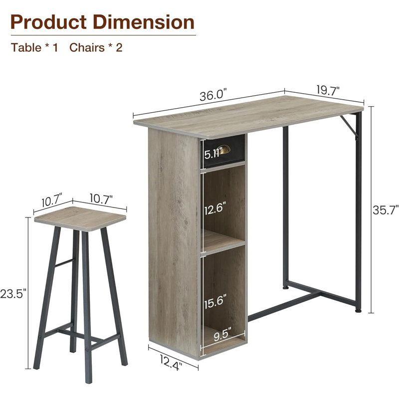 3 Piece Bar Table Set, with 2-Layer Storage Shelf, Gray