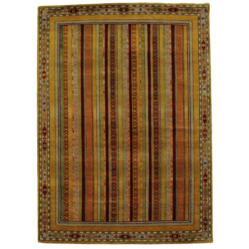 Hand Made all over Casual Indo Indo 100% Wool on Cotton Beige/Yellow/Green/Orange - 5'9''X8', Rectangle 5'9'' x 8'
