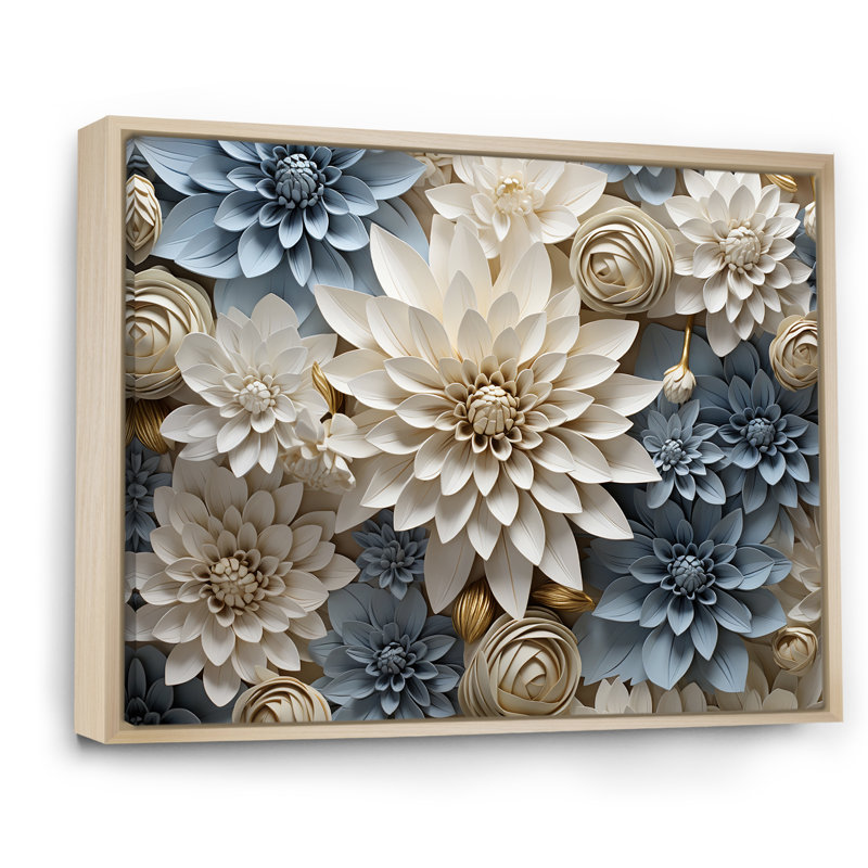 «Simplicity Mums Bloom» en beige et bleu pâle II - Mums, art mural, H 12 po x l 20 po x P 1 po, Cadre naturel flottant