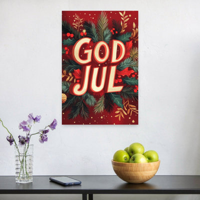 «God Jul Festive Foliage Traditional Vintage Winter», reproduction d'art murale
