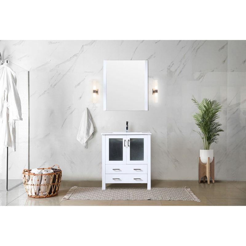 Blanc 30 po Meuble-lavabo large pour la salle de bain, profondeur 18,25 po, comptoir en céramique, miroir 28 po, fermeture en douceur, meuble de rangement, meuble-lavabo longue durée et surface de teinture, tiroirs, rangement, comptoir