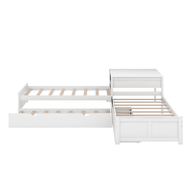 Lit plateforme simple en L avec lit gigogne, tiroir et bureau, Blanc