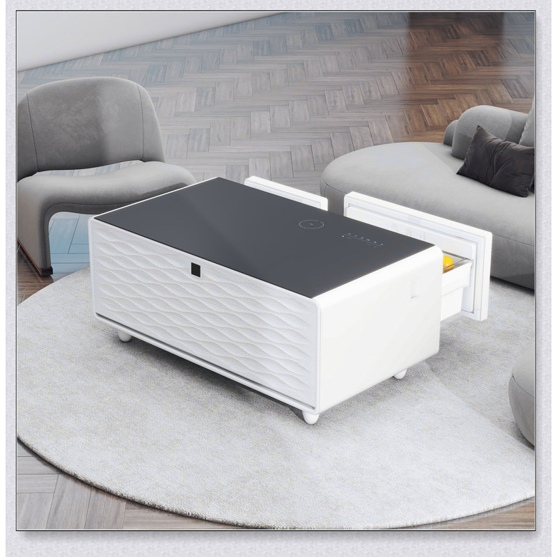 Table basse moderne et intelligente avec réfrigérateur intégré, haut-parleur Bluetooth, chargement sans fil et commande tactile pour une commodité ultime