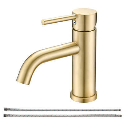 Robinet de salle de bain moderne à fixation sur le comptoir - monotrou, or brossé, acier inoxydable, débit de 1,2 gallon par minute, installation rapide et facile pour la salle de bain