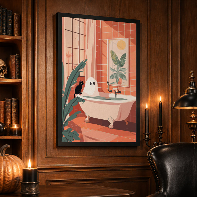 «Ghost Bathing in Pink Tub with Black Cat in Halloween», art mural sur toile, H 24 po x l 16 po