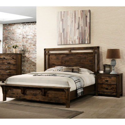Rustic Queen Size Bed With Built-In , Brown Solid Wood Bedroom Furniture And Headboard