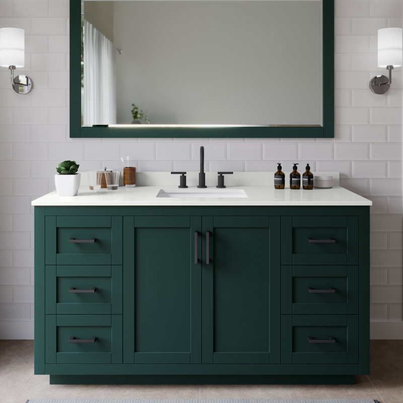 Miranda 60" Freestanding Single Bathroom Vanity with Quartz Top, White Quartz, Green, Matte Black