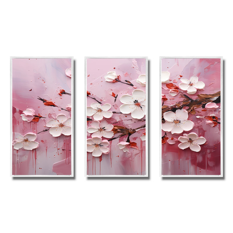 Cerisier blanc et rose Bloom II - art mural cerise, H 28 po x l 36 po x P 1 po, Cadre flottant blanc