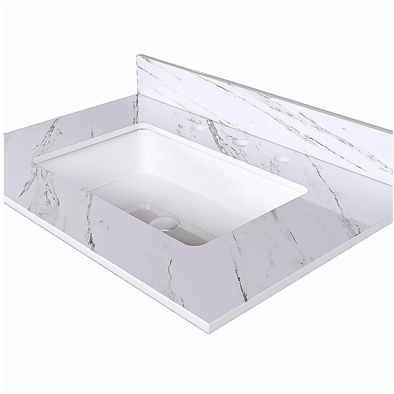 Comptoir de meuble-lavabo en marbre 31 po, comptoir blanc avec trous pré-percés, comptoir de salle de bain avec lavabo central