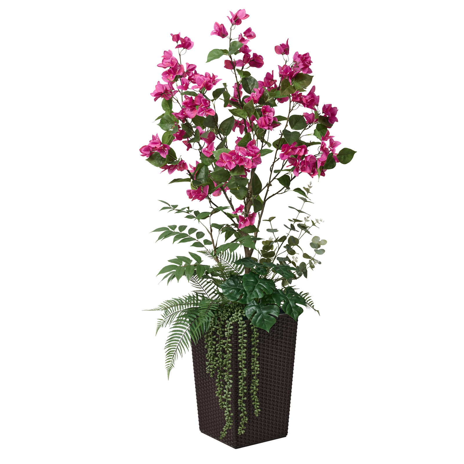 Adcock Faux Bougainvillea Tree 4FT - UV Resistant Silk Floral Tree with Big Planter and Decorative Plants, 1, Brown