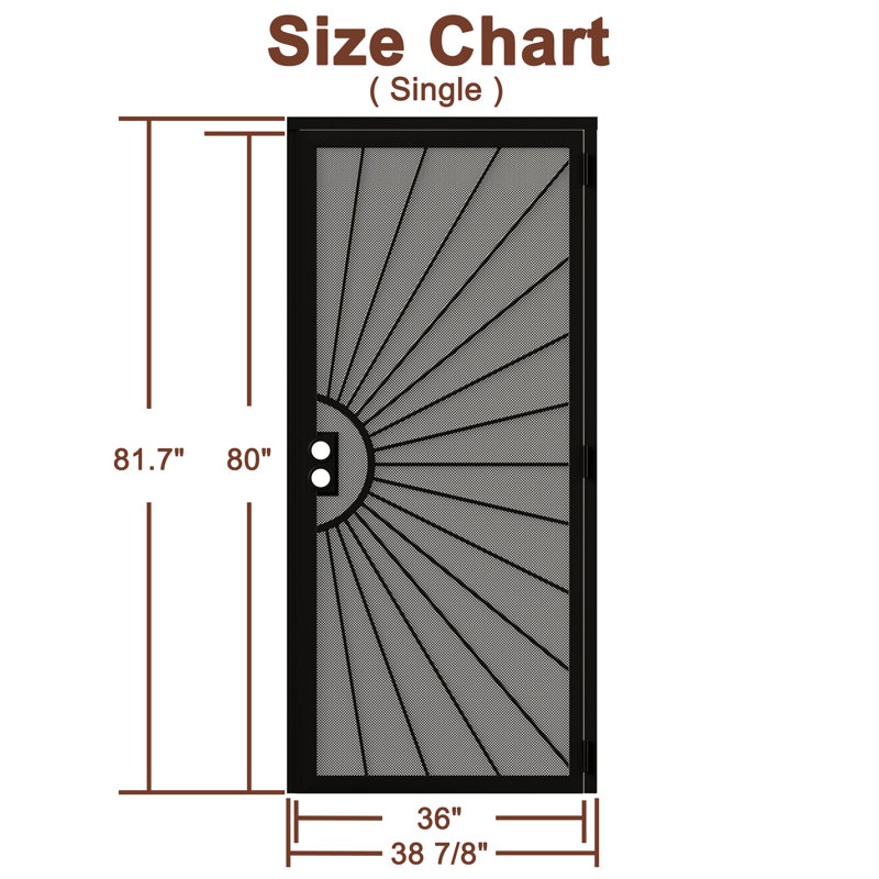  80 Inch Security Screen Door – Perforated Mesh Steel with Rust-Resistant Finish and Dual-Bore, Reversible Left or Right in Black