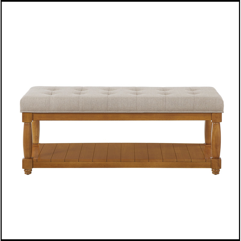 Banc rembourré en lin avec tablette de rangement et siège capitonné, Brun