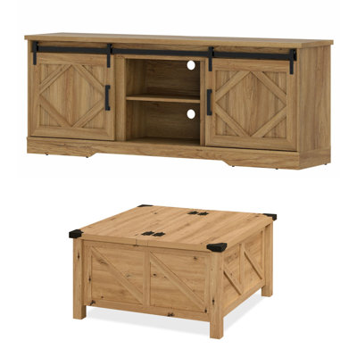Farmhouse Living Room Furniture Set Of 4 Includes 65 Inch TV Stand With Barn Door,Square Wood Coffee Table,Vintage Oak