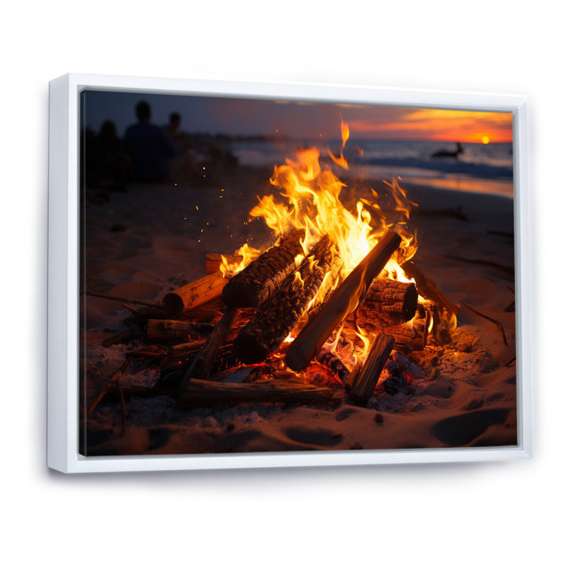 «Beach Photo Beach Bonfire III», reproduction sur toile, H 16 po x l 32 po x P 1 po, Cadre flottant blanc