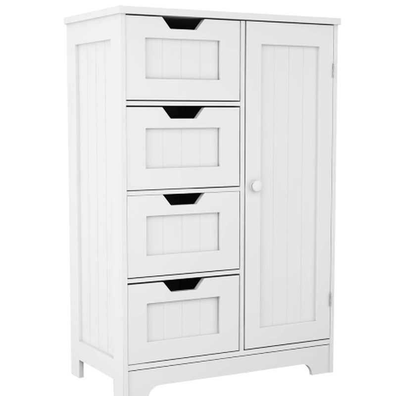White Freestanding Cabinet For Bathroom - 4 Drawers And 1 Door With Adjustable Shelves Optimal Storage A Practical