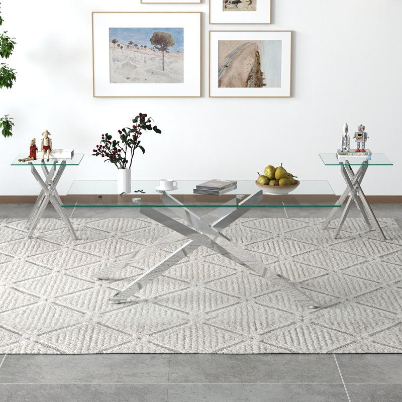 Silver Glass Top 3-Piece Coffee and End Table Set