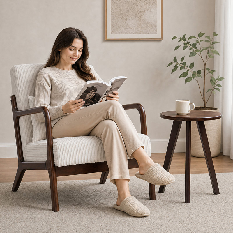 Ensemble de chaise d'appoint Mid-Century en bois d'hévéa massif de 28 po et table de 15,74 po, Corduroy, Beige