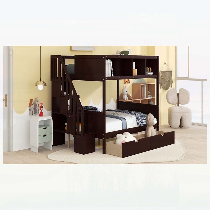 Lit superposé simple au-dessus de double avec tablettes, escalier de rangement et 2 tiroirs pour une organisation et une sécurité accrues