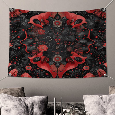 Red Black Floral Motif Wall Tapestry - Floral Wall Decor