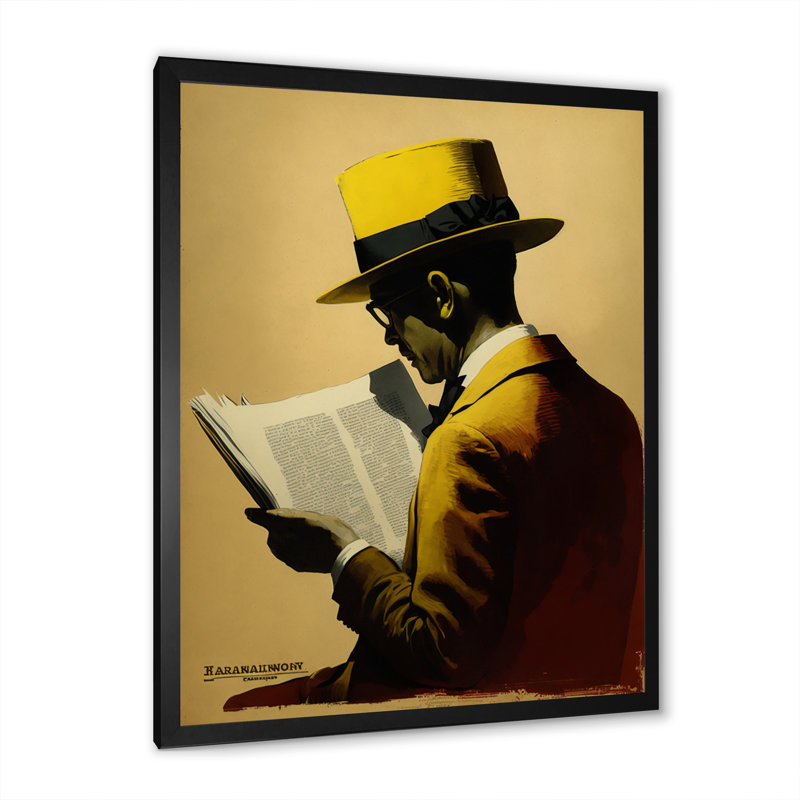 «Mysterious Man with Yellow Hat lecture d'un livre», reproduction sur toile, H 32 po x l 24 po x P 1 po, Cadre simple noir