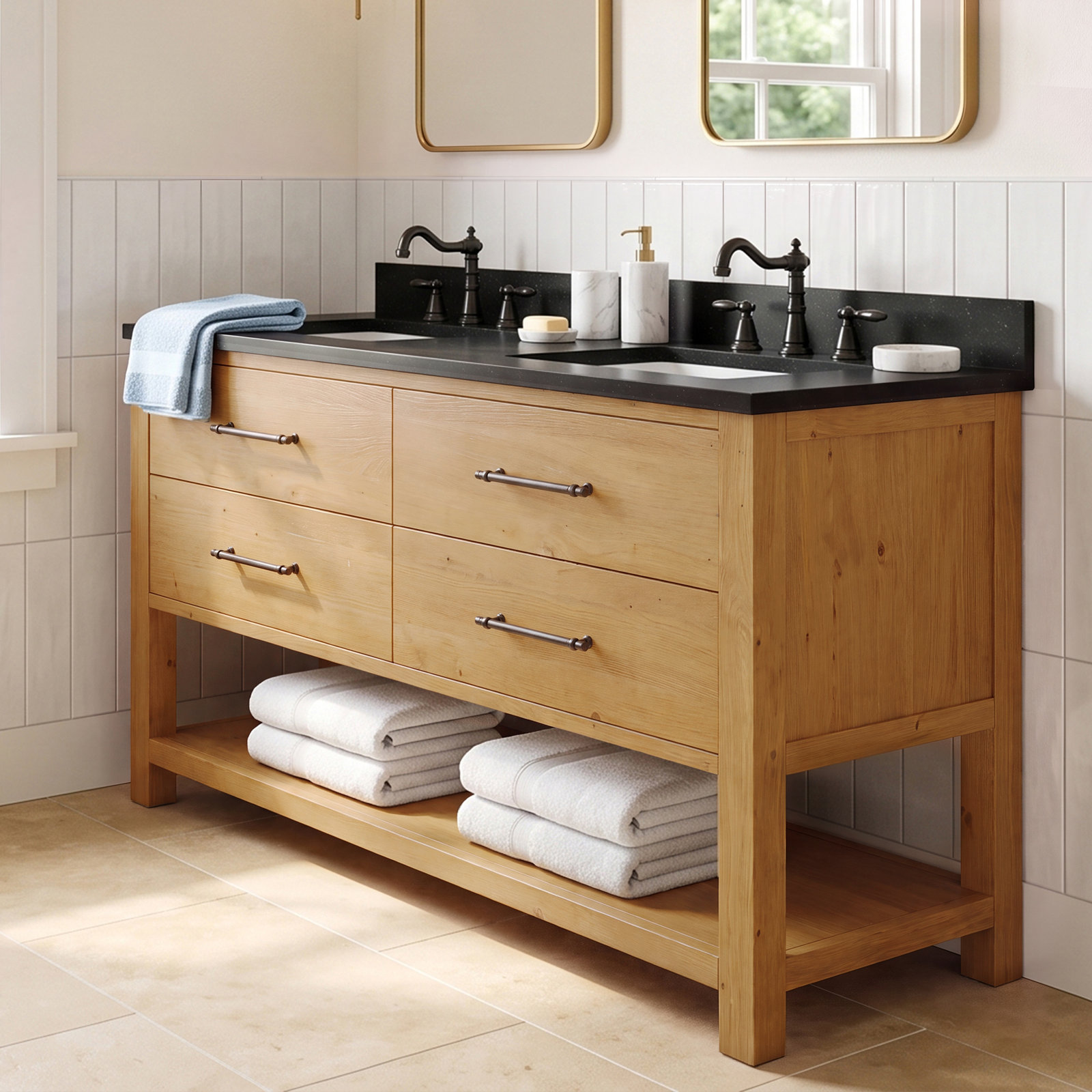 Keri 54'' Double Bathroom Vanity, Natural/Antique Black