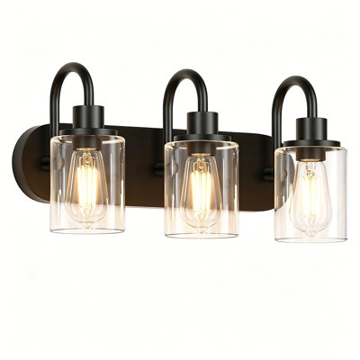 3-Light Black Farmhouse Bathroom Vanity Light, Modern Wall Sconce with Clear Glass Shade, Wall Mount Bathroom Lighting Fixture Over Mirror for Bedroom Hallway Living Room Cabinet
