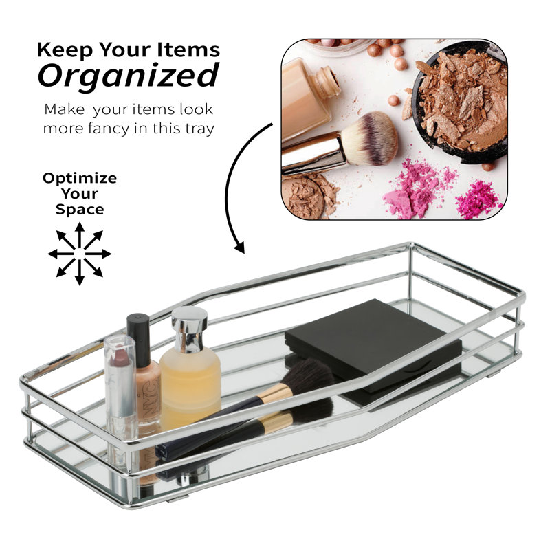 Chrome Reflective Glass Vanity Tray with Double Rail Design